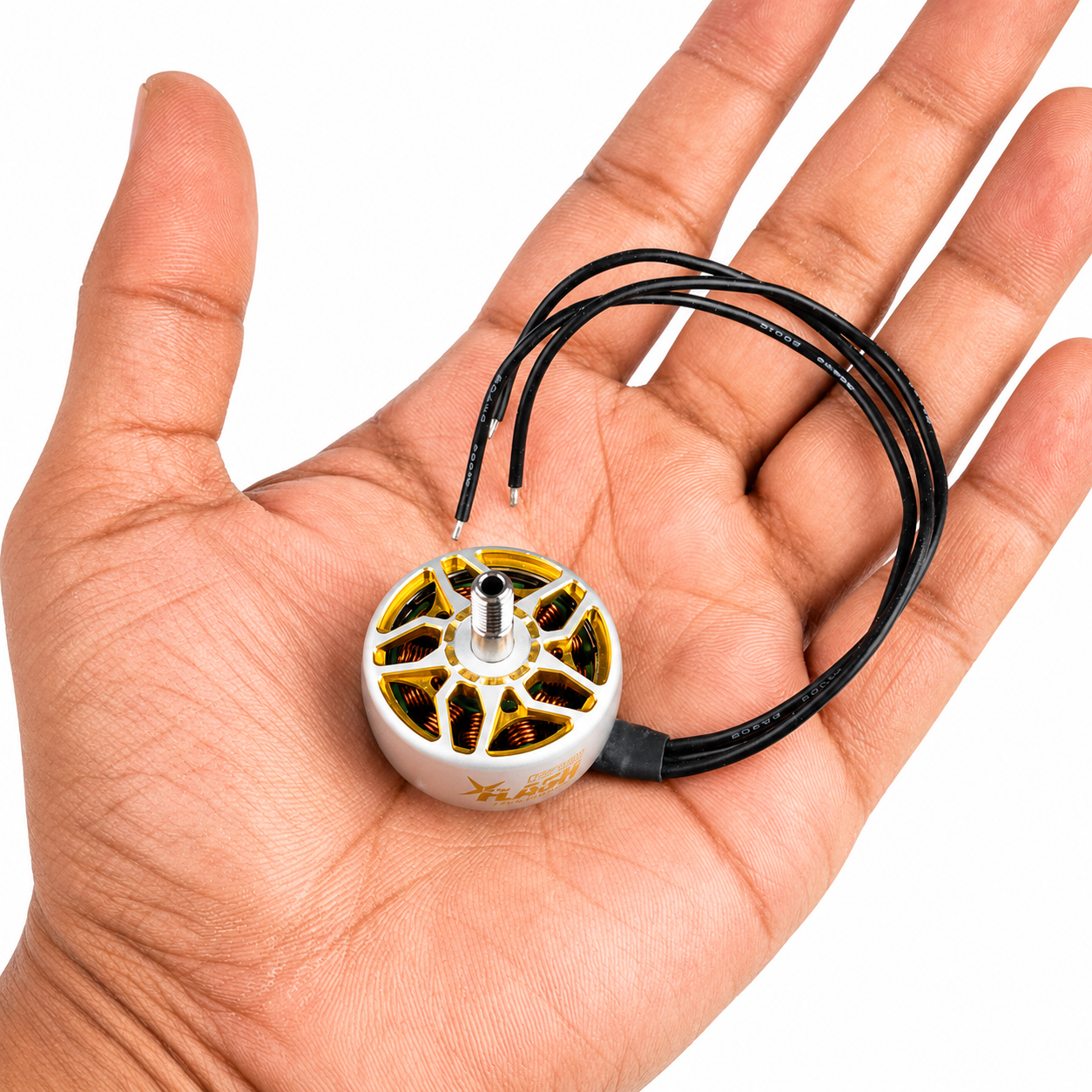 FlyFishRC Flash 2406 1950KV motor shown in hand for size comparison
