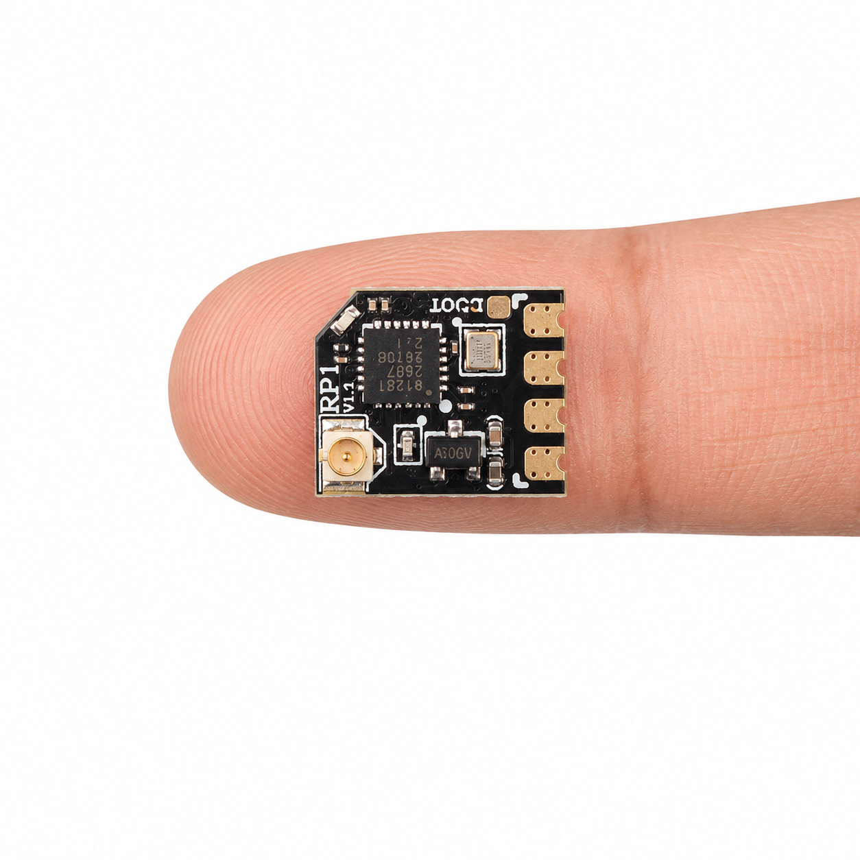 Compact RadioMaster RP1 V2 ExpressLRS Receiver on Finger