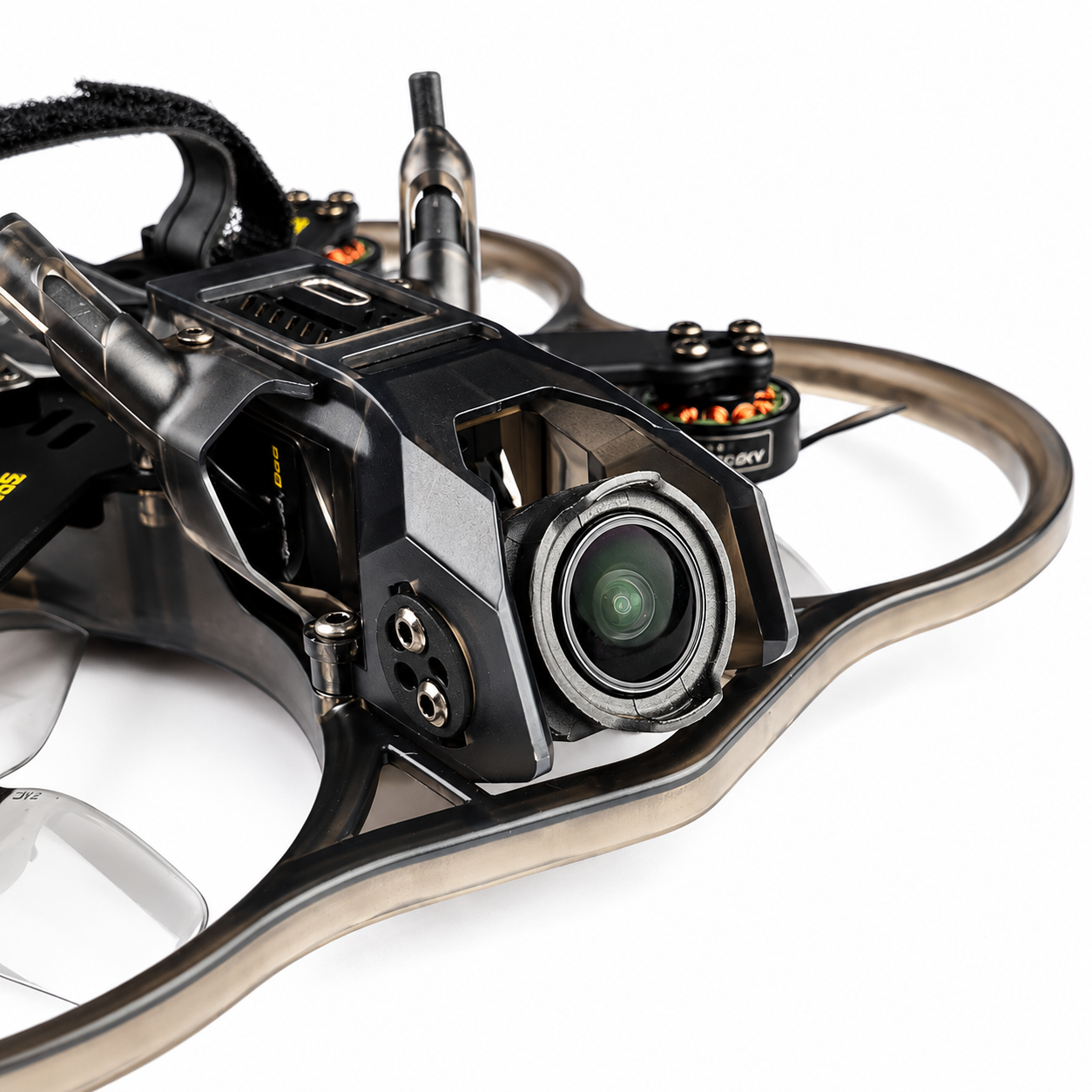 Close-up view of SpeedyBee Bee25 FPV camera and electronics system