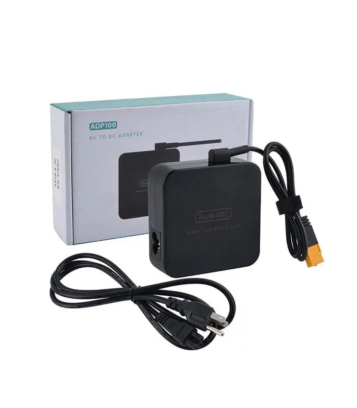 ToolkitRC ADP100 power adapter with AC cable and accessories