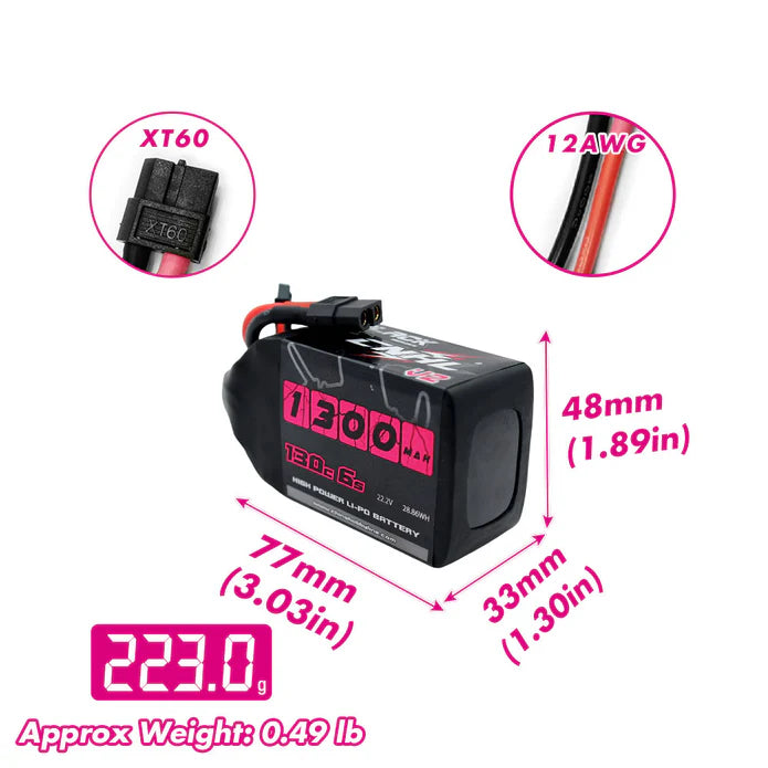 1300mAh 6S 130C V2.0 CHNL Black Series Lipo Battery