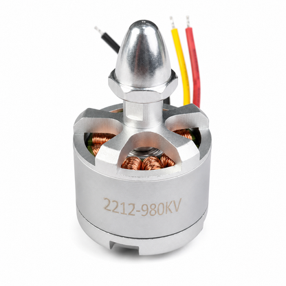 Base of 2212 980KV CCW brushless drone motor showing mounting holes and wiring