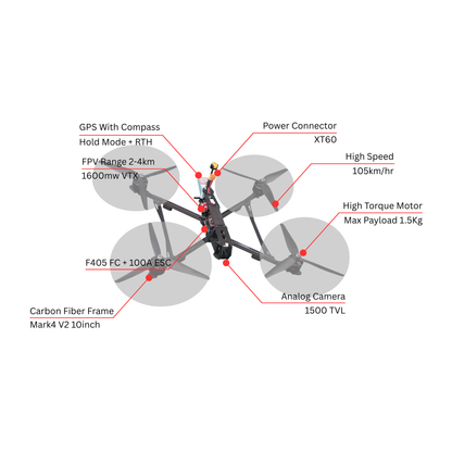 Mark4 V2 10 Inch Carbon Fiber Analog FPV Drone - PNP