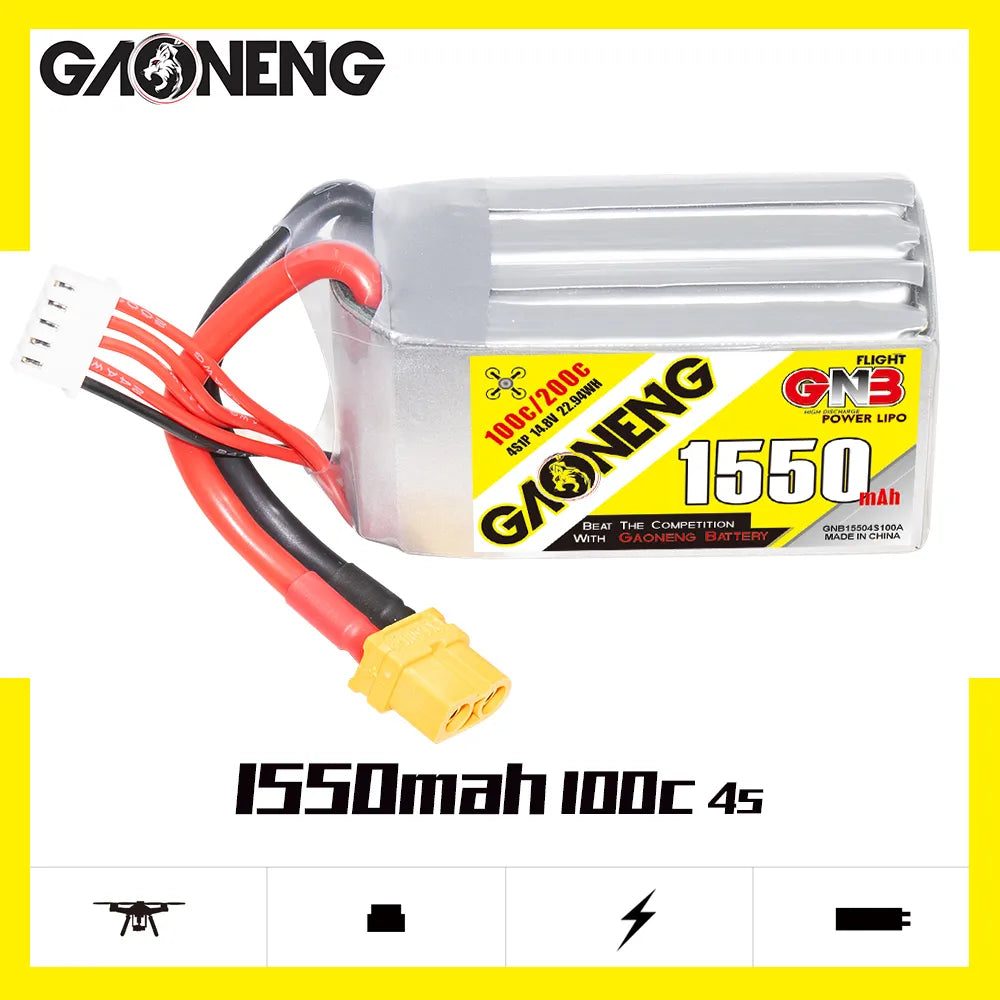 GNB 4S 14.8V 1550mAh 100C XT60 LiPo Battery.