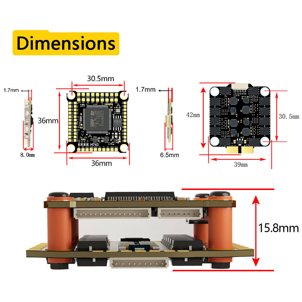 DakeFPV H743 Flight Controller with BX 6S 55A 4 in 1 ESC 30×30 FC & ESC Stack