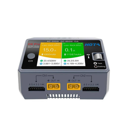 Front view of HOTA D6 Pro dual channel AC DC smart charger with dual charging ports