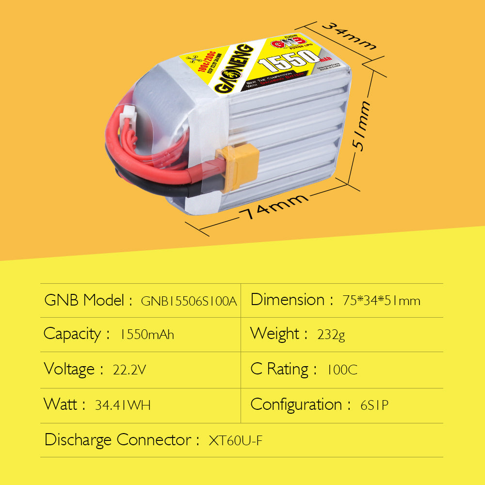 22.2V 1550mah 6S 100C Lipo Battery With XT60 Plug (Brand GAONENG). Hi Tech xyz