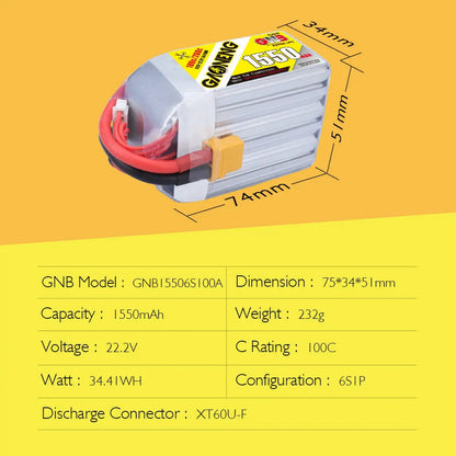 22.2V 1550mah 6S 100C Lipo Battery With XT60 Plug (Brand GAONENG). Hi Tech xyz