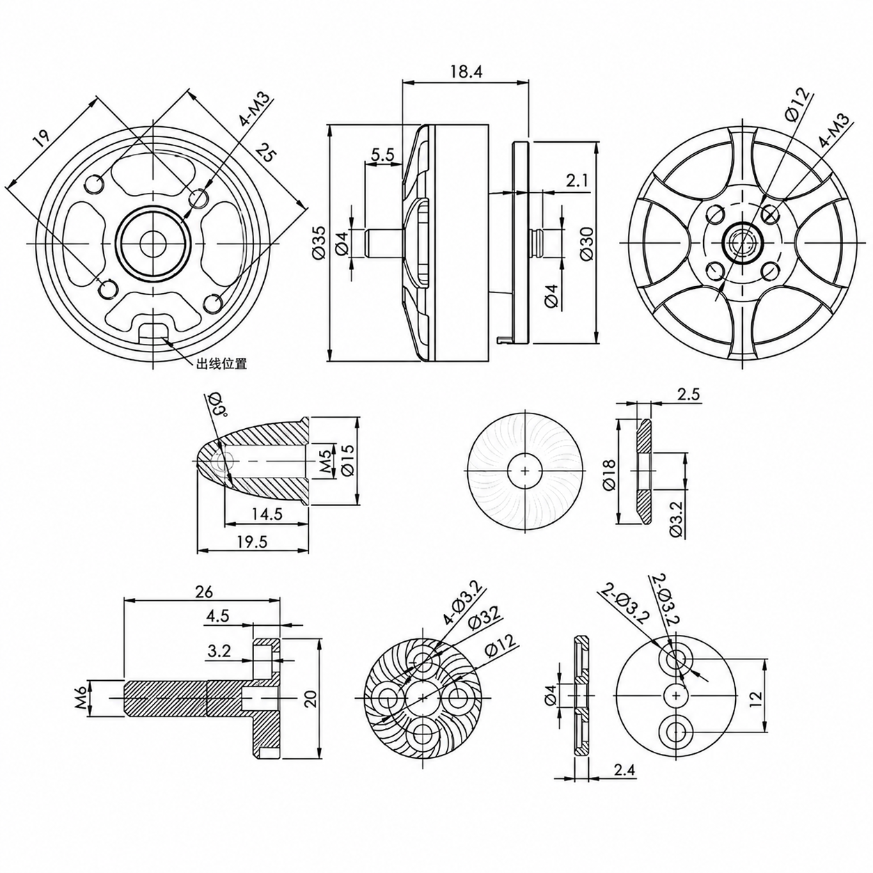 Technical Dimensions and Mounting Diagram of T-Motor Antigravity MN2806 650KV Motor