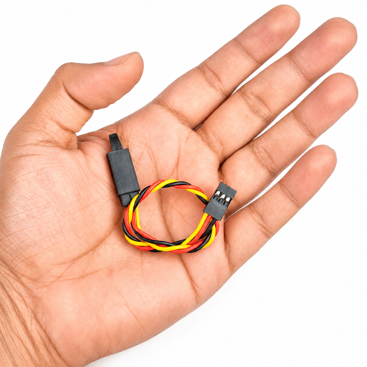 SafeConnect 15CM 22AWG JR Servo Lead Extension Cable with self-locking hook shown in hand for size reference