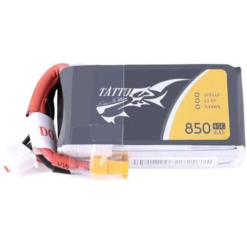 Tattu 11.1V 850mAh 45C 3S 1P Li-Po Battery Pack with XT30 Plug.