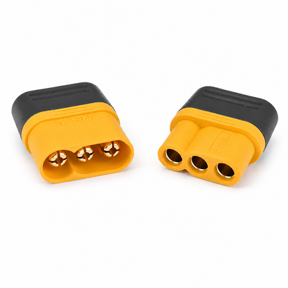 Compact Amass MR60 battery plug for RC drones and robotics.
