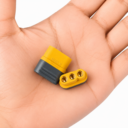 Amass MR60 gold plated connector shown in hand for size reference.