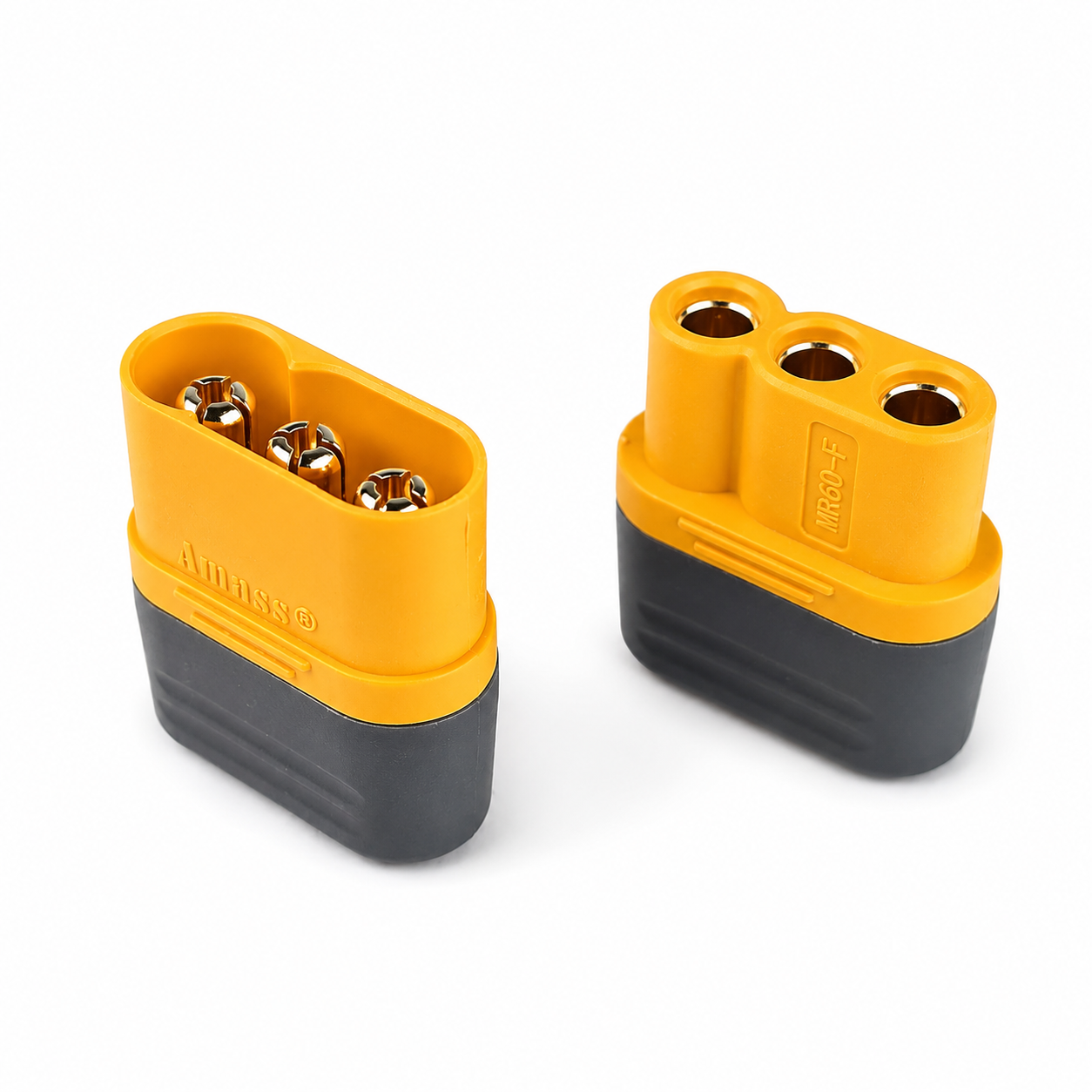 Amass MR60 gold plated battery connector pair with male and female housing cap.