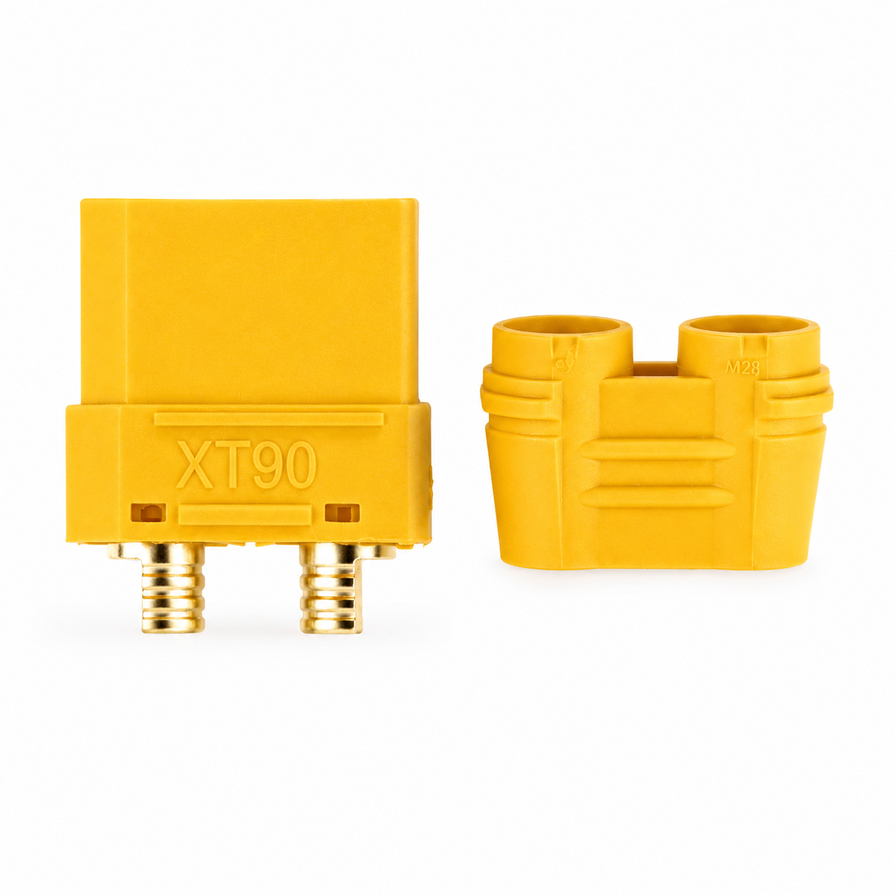 Amass XT90 Female Connector XT90H-F.G.Y with gold-plated terminals and yellow nylon housing cap for RC drones, LiPo batteries, ESCs, and robotics applications.