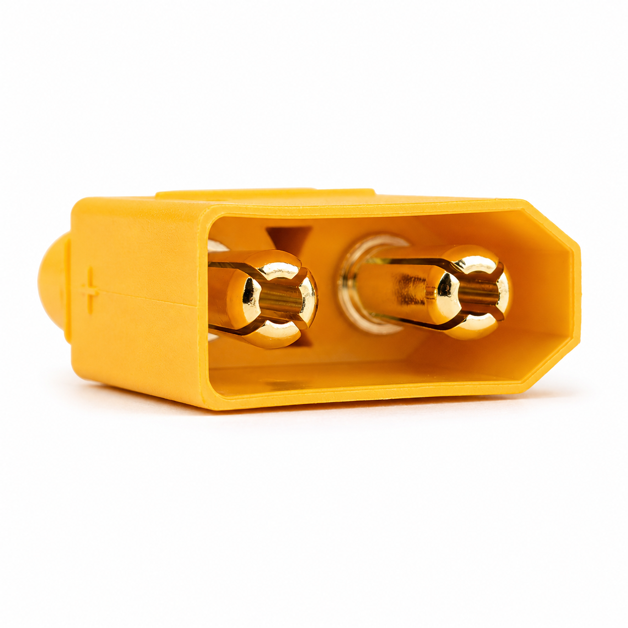 Close-up front view of Amass XT90 Male Connector XT90H-M.G.Y with gold-plated bullet terminals for RC drones, LiPo batteries, ESCs, and high-current power applications.