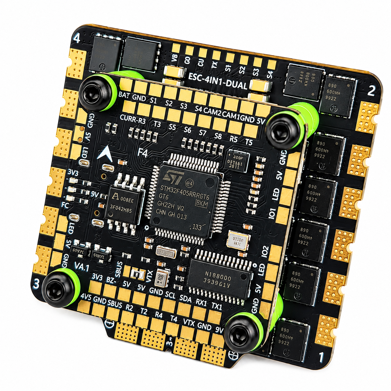 Front Angle View of Aocoda RC F405 V4 80A AM32 ESC Stack