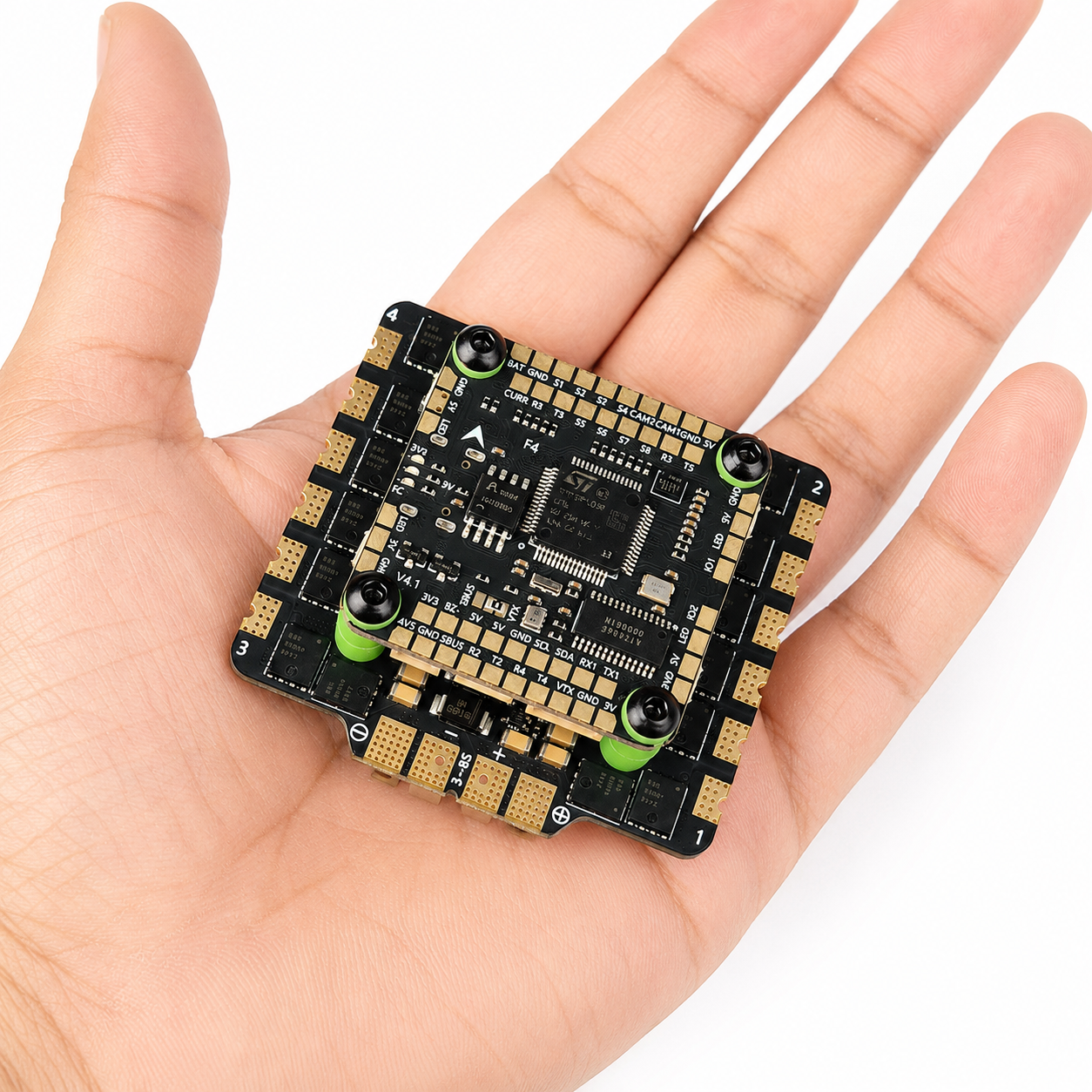 Aocoda RC F405 V4 80A AM32 ESC Stack Held in Hand Showing Compact Size