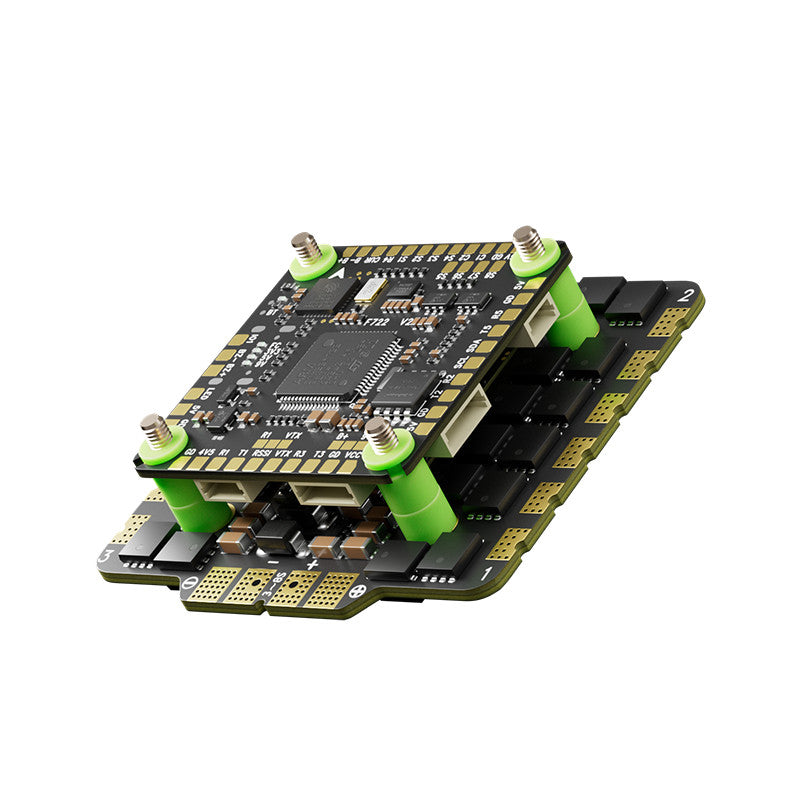 Angled View of Aocoda RC F722 V2 100A AM32 FPV Flight Controller Stack