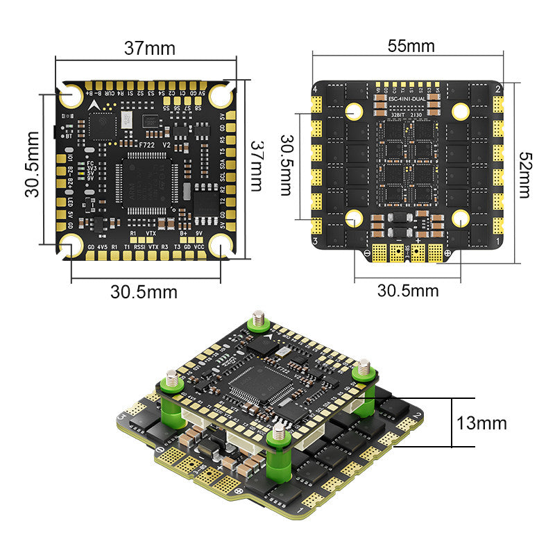 Dimension Diagram of Aocoda RC F722 V2 100A AM32 Stack 30x30mm