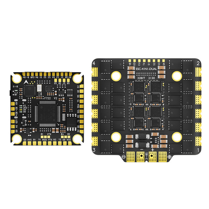 Top and Bottom View of Aocoda RC F722 V2 100A AM32 Flight Controller Stack