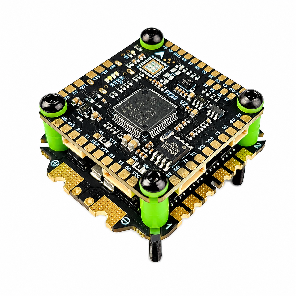 Angled View of Aocoda-RC F722 V2 FC Stack with 75A 3075S ESC for FPV Drone Builds