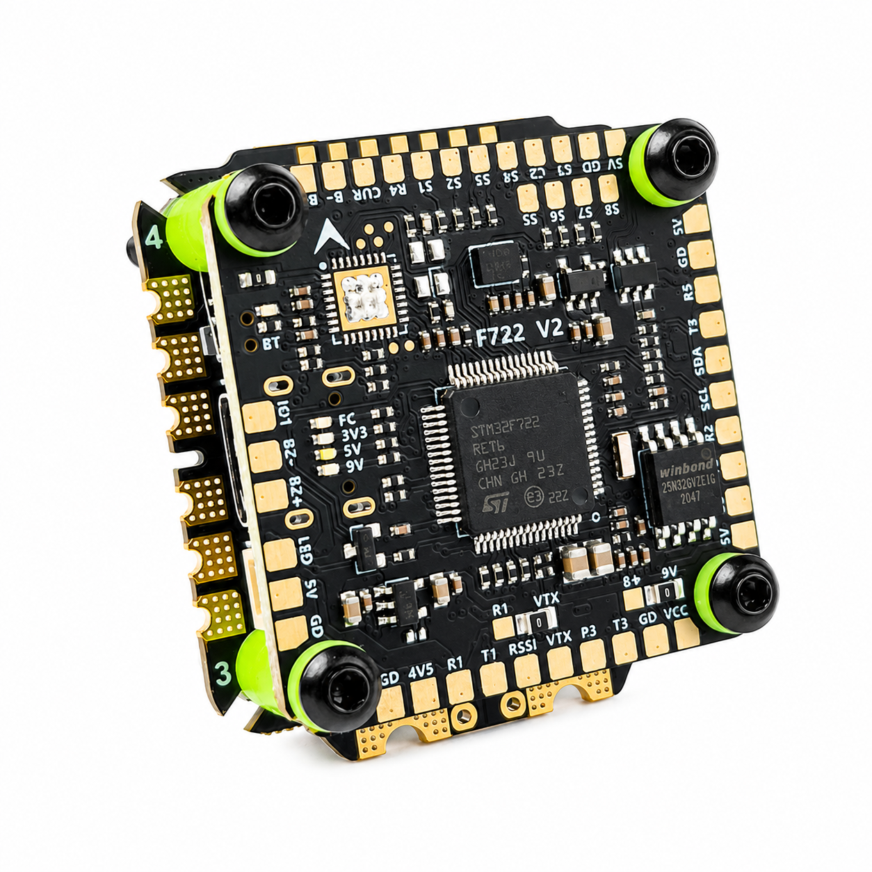 Front and Back View of Aocoda-RC F722 V2 Flight Controller Stack with 75A ESC