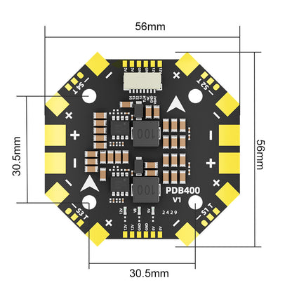 Aocoda-RC PDB400 12S 400A Power Distribution Board with Dimensions and Mounting Layout