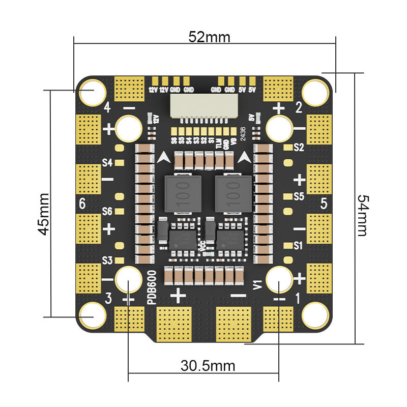 Aocoda-RC PDB600 8S 600A Power Distribution Board with Dimensions and Mounting Layout