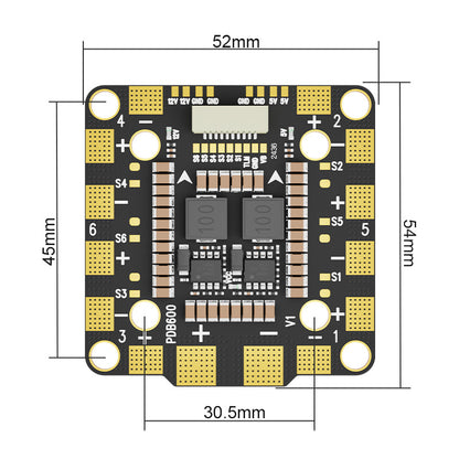 Aocoda-RC PDB600 8S 600A Power Distribution Board with Dimensions and Mounting Layout