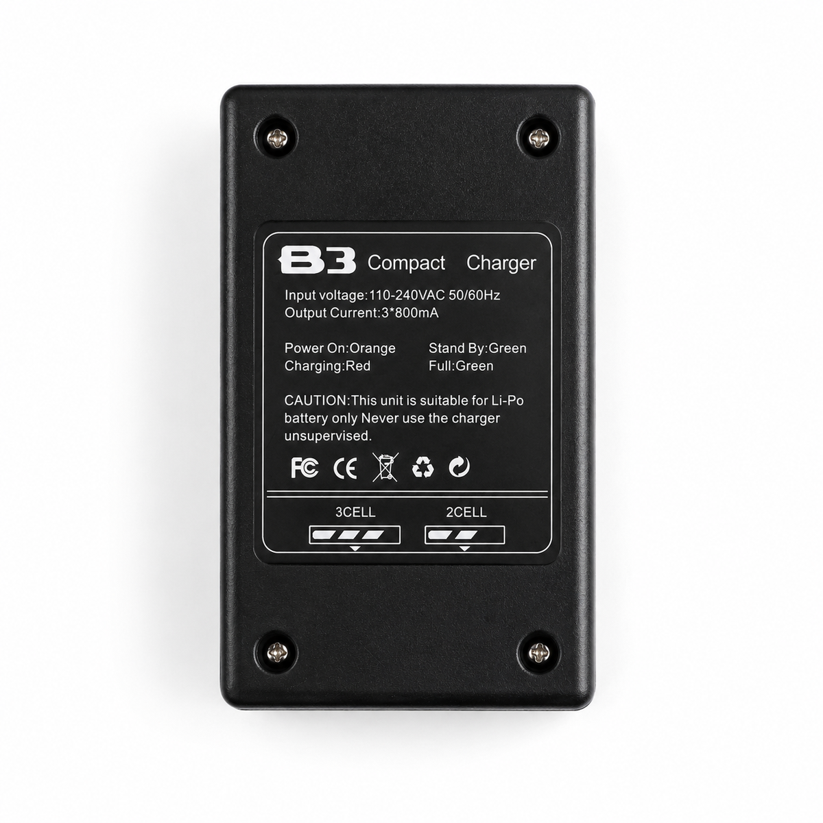 Rear view of the B3 2-3S LiPo Battery Balance Charger showing specifications.