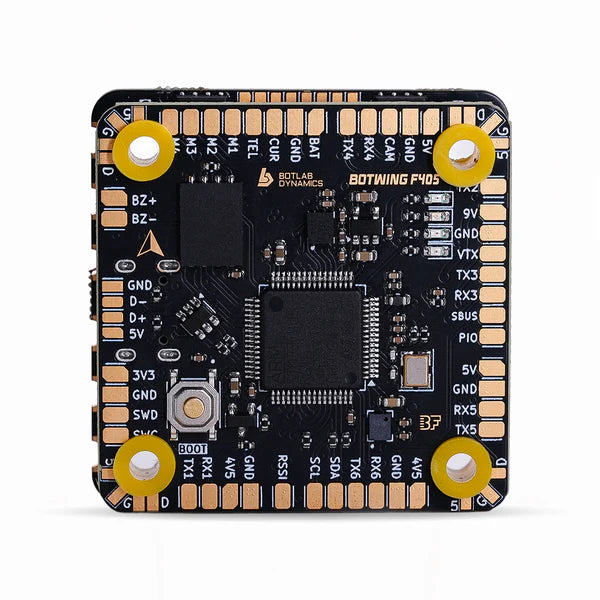 BotWing F405 flight controller close-up with mounting holes