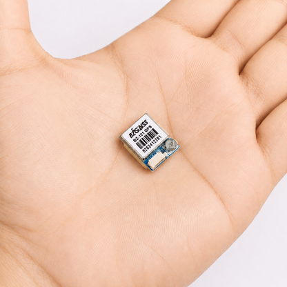 Back view of BZGNSS BZ-121 Compact M10 GPS Module shown in hand, featuring ceramic GNSS antenna for FPV drones and UAVs