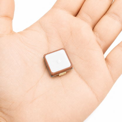 Back view of BZGNSS BZ-181 M10 GPS Module shown in hand for size reference, featuring ceramic GNSS antenna for FPV drones and UAVs