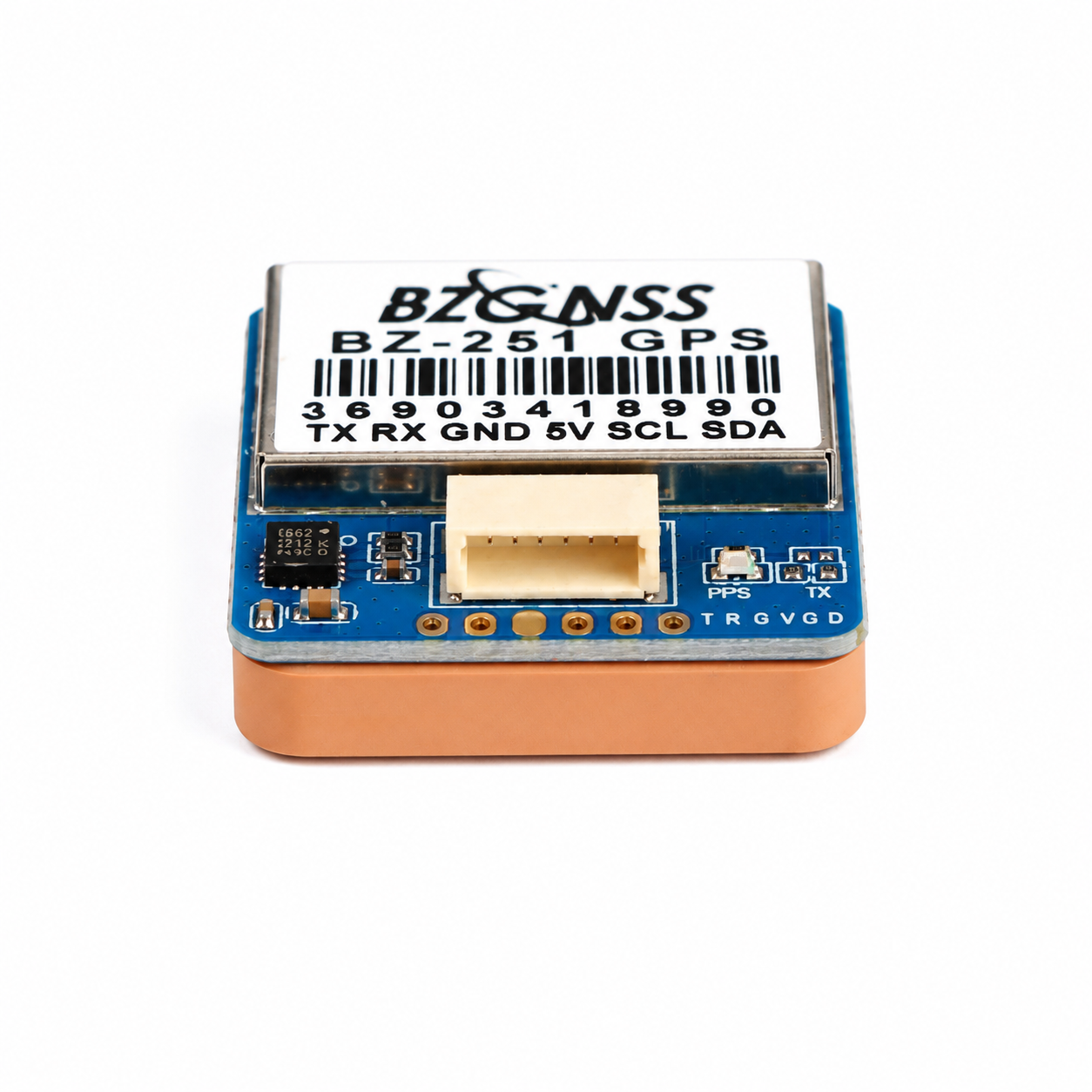 Bottom view of BZGNSS BZ-251 M10 GPS Module with QMC5883 compass for FPV drones (Blue Edition)