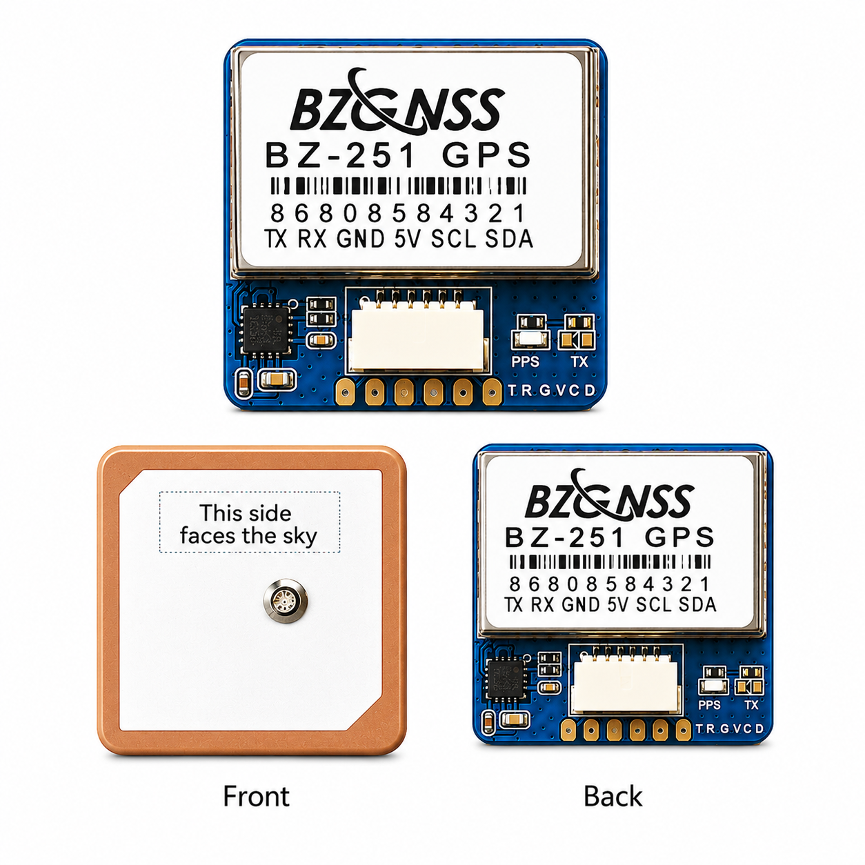 Front and back view of BZGNSS BZ-251 M10 GPS Module with QMC5883 compass (Blue Edition)