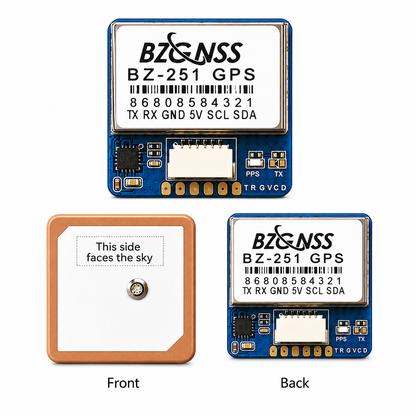 Front and back view of BZGNSS BZ-251 M10 GPS Module with QMC5883 compass (Blue Edition)