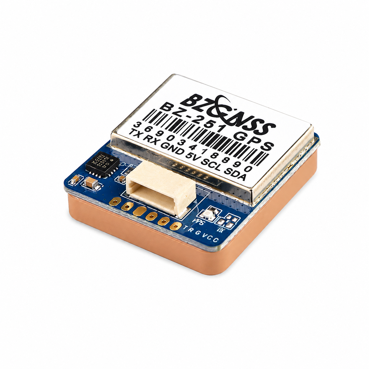 Angled view of BZGNSS BZ-251 M10 GPS Module with QMC5883 compass for FPV drones and UAVs (Blue Edition)
