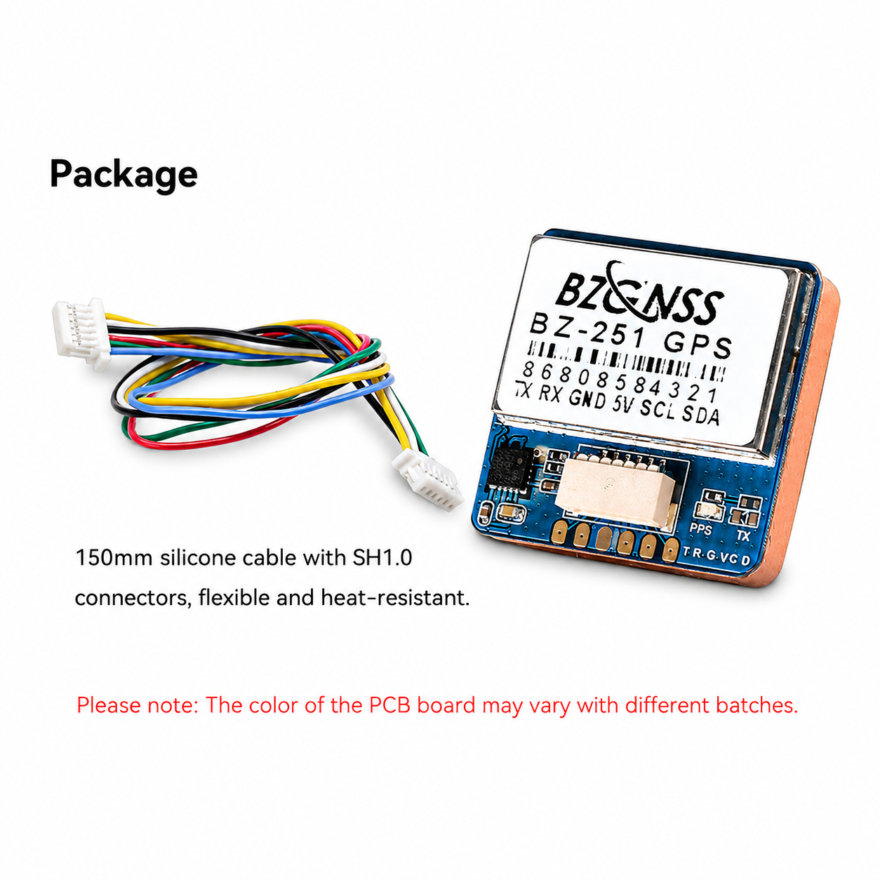 Package contents of BZGNSS BZ-251 M10 GPS Module with cable and QMC5883 compass for FPV drones (Blue Edition)