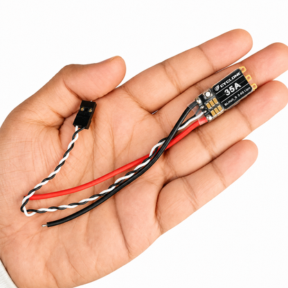 Cyclone 35A BLHeli_S DSHOT600 OPTO ESC shown in hand for size reference