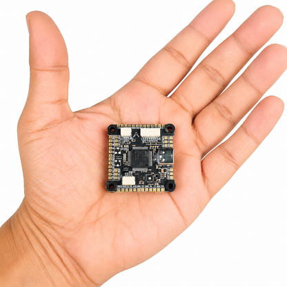 DakeFPV F405 flight controller size comparison in hand