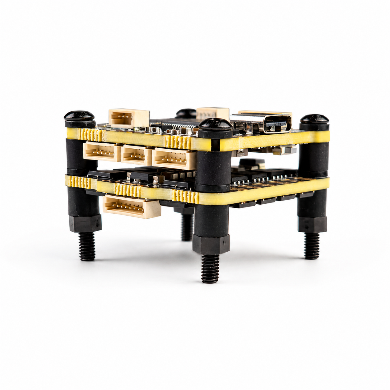 Angled perspective of DakeFPV F405 drone electronics stack