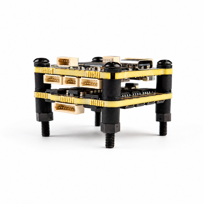 Angled perspective of DakeFPV F405 drone electronics stack