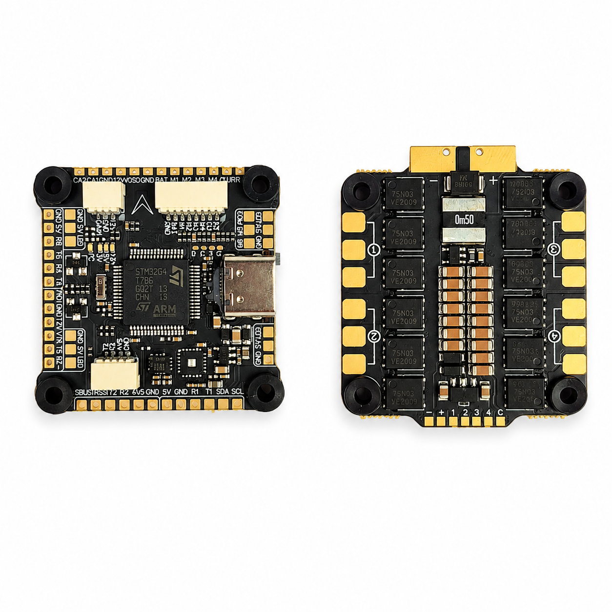 Front and rear layout of DakeFPV F405 FC and ESC stack