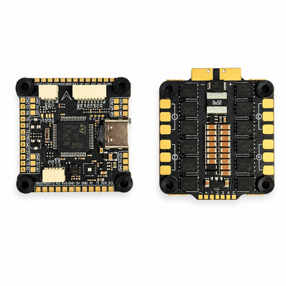 Front and rear layout of DakeFPV F405 FC and ESC stack