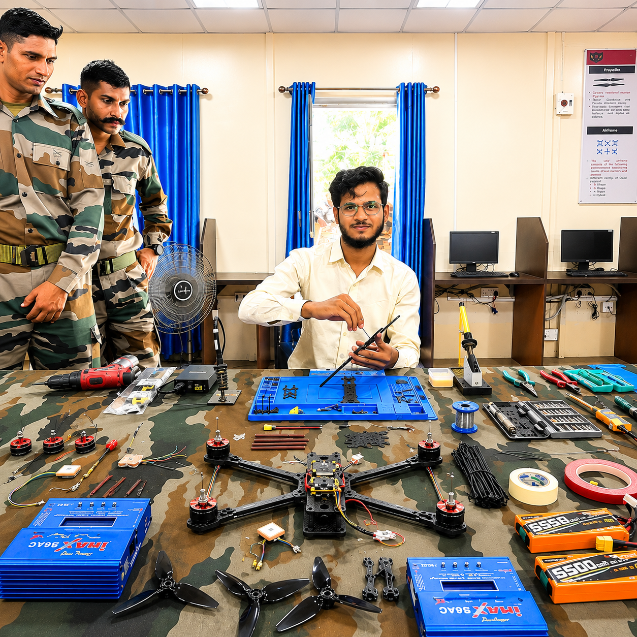 Hands-on drone assembly training with students assembling drone components