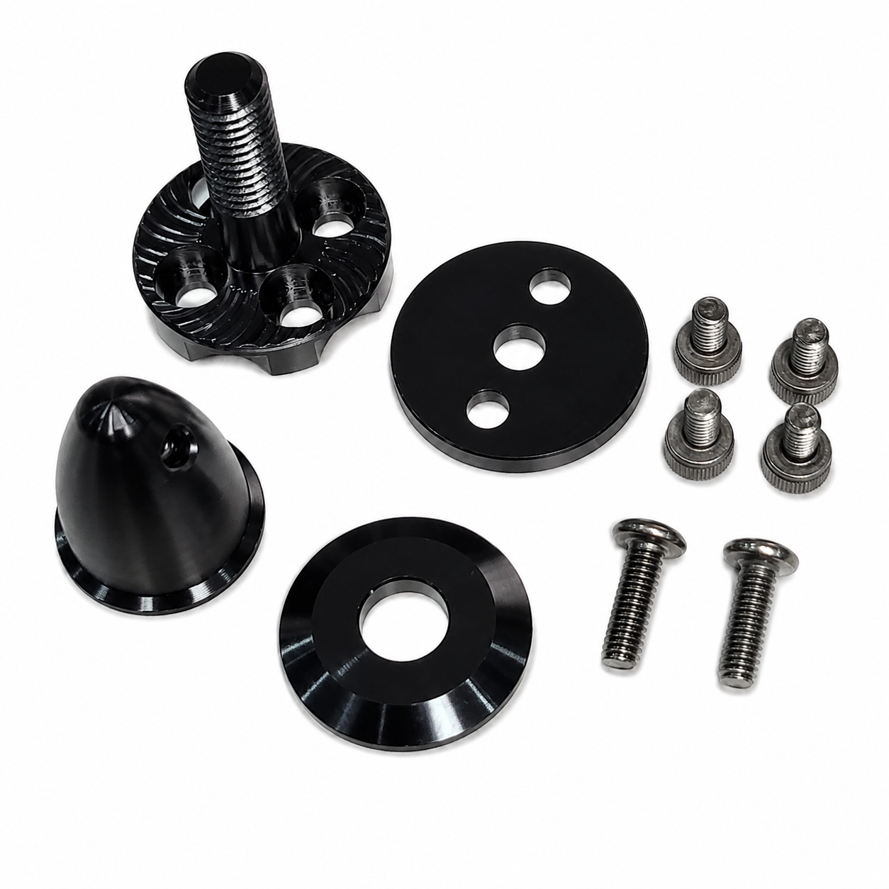 Drone propeller adapter coupler with mounting parts and screws