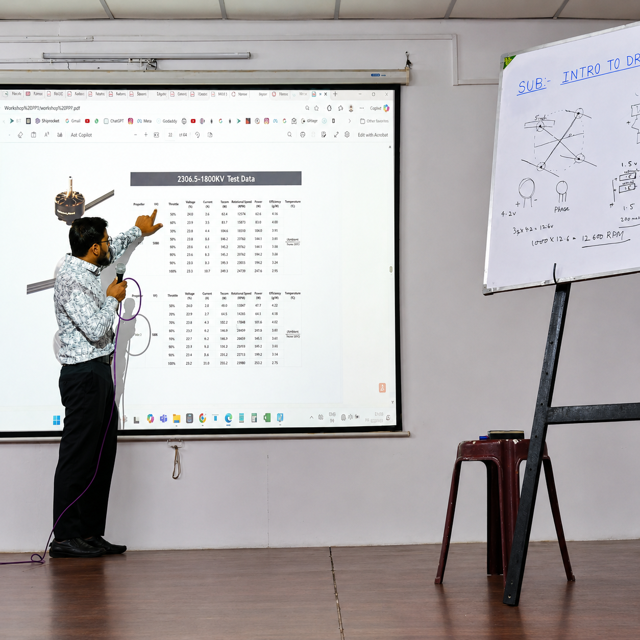Drone workshop theory session covering drone components and flight fundamentals