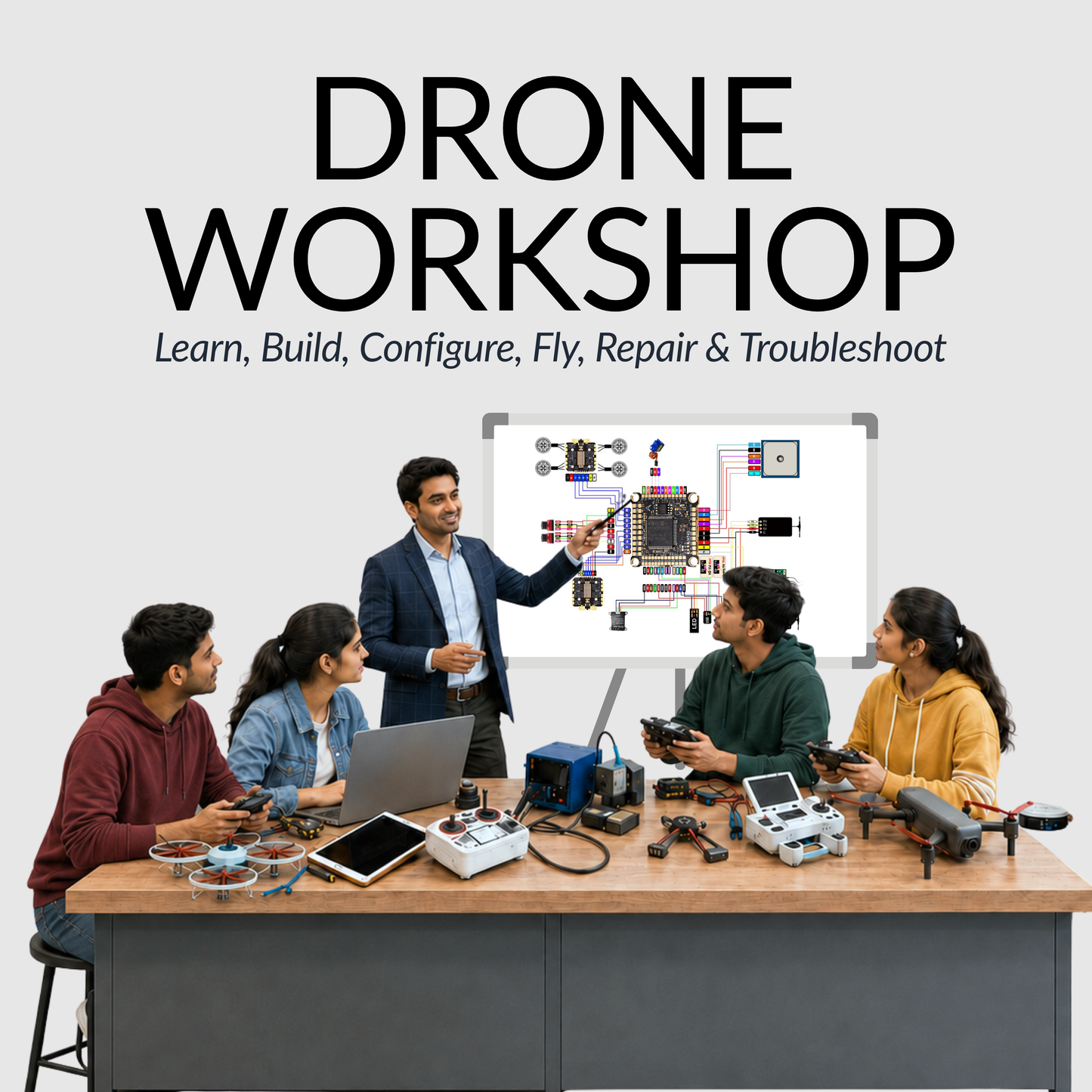 Drone workshop training for building, configuring, flying and repairing drones