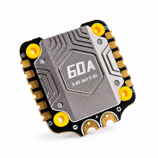 Angled view of F405 BLS 60A 4-in-1 ESC with aluminum alloy heat sink